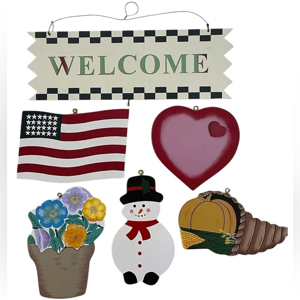 Vintage Welcome Sign Wood Wire Hanger Seasonal Accent Ornaments Signs 6 PC Set